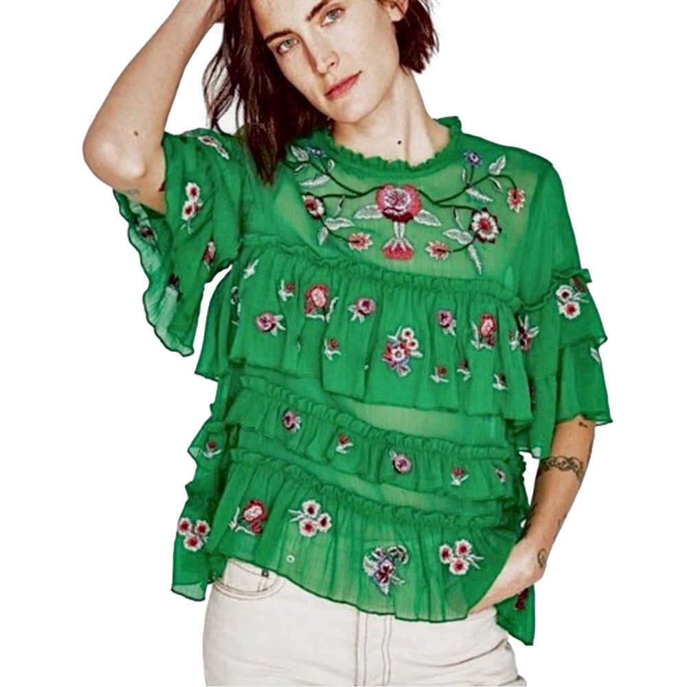 Zara green embroidered tiered blouse